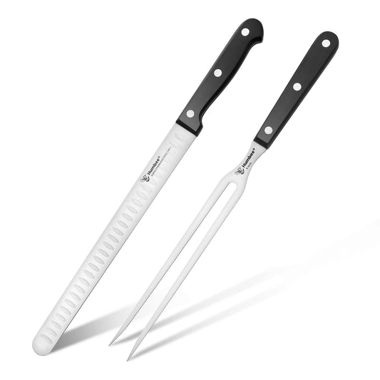 Humbee, Carving Knife and Fork Set, 10 inch Granton Blade with 9 Inch Fork, for Cutting Smoked Brisket, BBQ Meat, Turkey - CookCave