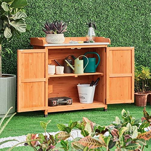 Yaheetech Garden Potting Bench Table - Outdoor Garden Patio Wooden Storage Cabinet & Solid Wood Planting Work Bench with Large Space Storage & Metal-Plated Tabletop, Brown - CookCave