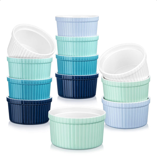 LOVECASA 6 OZ Ramekins Bowls, Small Creme Brulee Ramekins Set of 12, Oven Safe Porcelain Souffle Cups for Baking Lava Cakes, Pudding, Pot Pie, Dip Sauce, Custard Cups & Ice Cream, Multi-Blue - CookCave