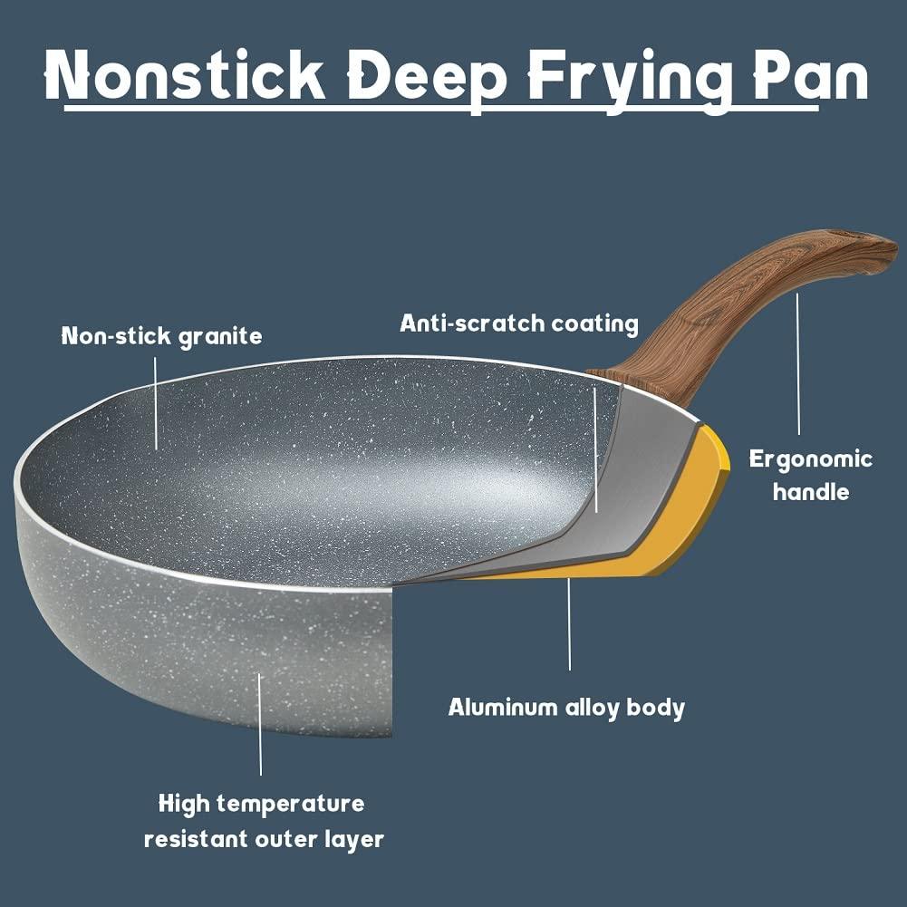 Cyrret Nonstick Deep Frying Pan Skillet with Lid, 10 Inch/ 3Qt Granite Coating Saute Pan, Non Stick Fry Pan for Cooking with Bakelite Handle, Induction Compatible, Dishwasher and Oven Safe, PFOA Free - CookCave
