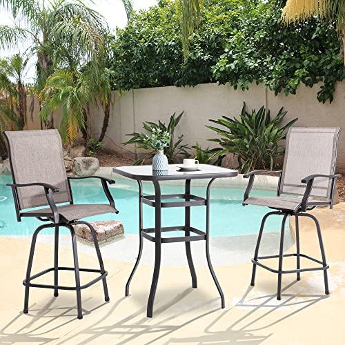 Vongrasig 3 Piece Patio Swivel Bar Set, All Weather Mental Textilene High Swivel Stools Chair Set of 2 and High Glass Bar Table, Outdoor High Top Bistro Set for Lawn Garden, Balcony, Taupe - CookCave