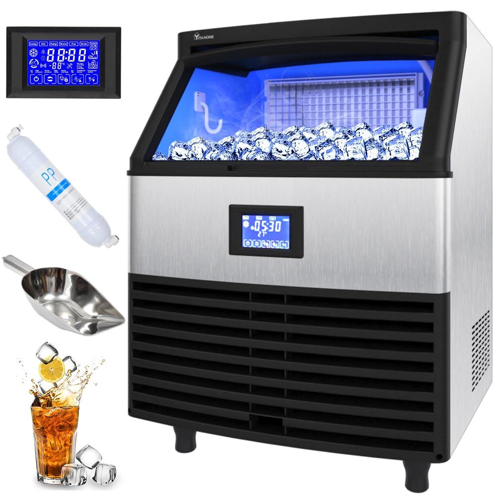 YITAHOME Upgraded Commercial Ice Maker Machine 270lbs/24h with 100lbs Storage Bin, Stainless Steel Ice Scoop, Blue Light, Freestanding Ice Machine for Home, Restaurants, Bars - CookCave