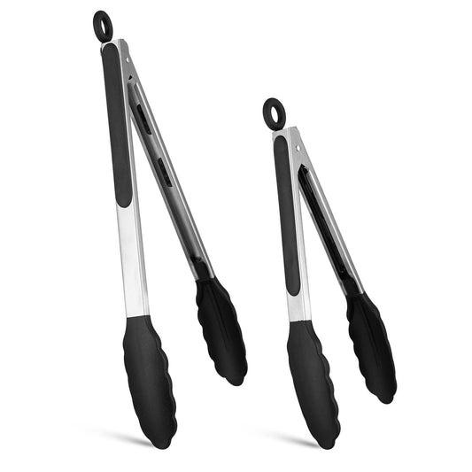 Silicone Non-SlipTongs for Cooking, 430 Steel Table Tongs for Kitchen Salad, Pasta, Grilling, BBQ, Heat Resistant Tip, Strong Grip for Meat (Black) - CookCave