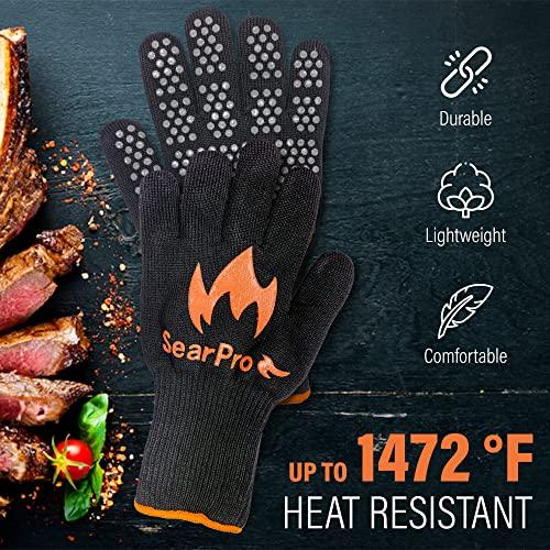 SearPro BBQ Grill Gloves Cooking Oven Mitts Fire Heat Resistant to 1400 Degrees Accessories for Barbecue Smoker Egg Fryer Hamburgers Pizza Steaks- Crock pots/Slow cookers -USA Owned Company- - CookCave