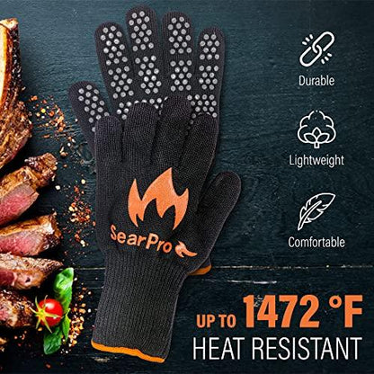 SearPro BBQ Grill Gloves Cooking Oven Mitts Fire Heat Resistant to 1400 Degrees Accessories for Barbecue Smoker Egg Fryer Hamburgers Pizza Steaks- Crock pots/Slow cookers -USA Owned Company- - CookCave