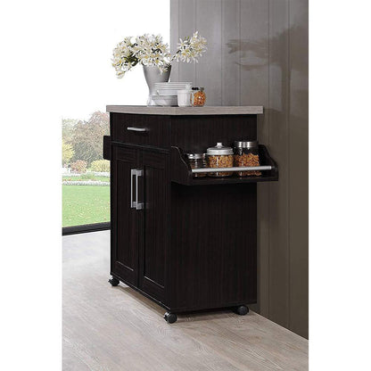 Hodedah Kitchen Island with Spice Rack, Towel Rack & Drawer, Chocolate with Grey Top - CookCave