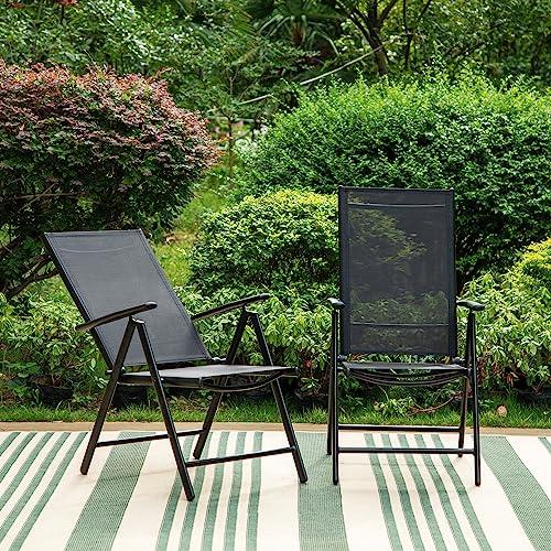 Sophia & William Patio Foldable Dining Chairs Set of 2, Outdoor Folding Sling Chairs 7 Levels Adjustable, High Back Portable Chairs for Porch, Poolside, Patio, Garden, Balcony, Backyard, Black - CookCave