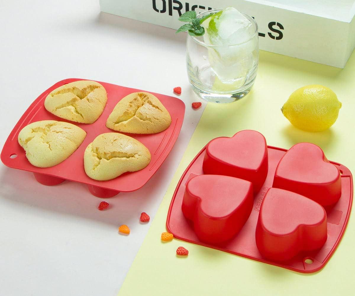 Webake Silicone Heart Mold Heart Shaped Small Cake Pans Muffin Cupcake Mold Tray for Valentine Day Baking, Jelly Pudding Jello Soap Bath Bombs 4 Cavity, 2 Pack - CookCave