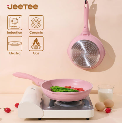 JEETEE Pink Pots and Pans Set Nonstick 23pcs, Healthy Kitchen Cookware Sets, Induction Cooking Set Pink Granite Stone Frying Pans, Saucepans, Sauté Pan, Griddle Pan & Crepe Pan (PFOA Free) - CookCave