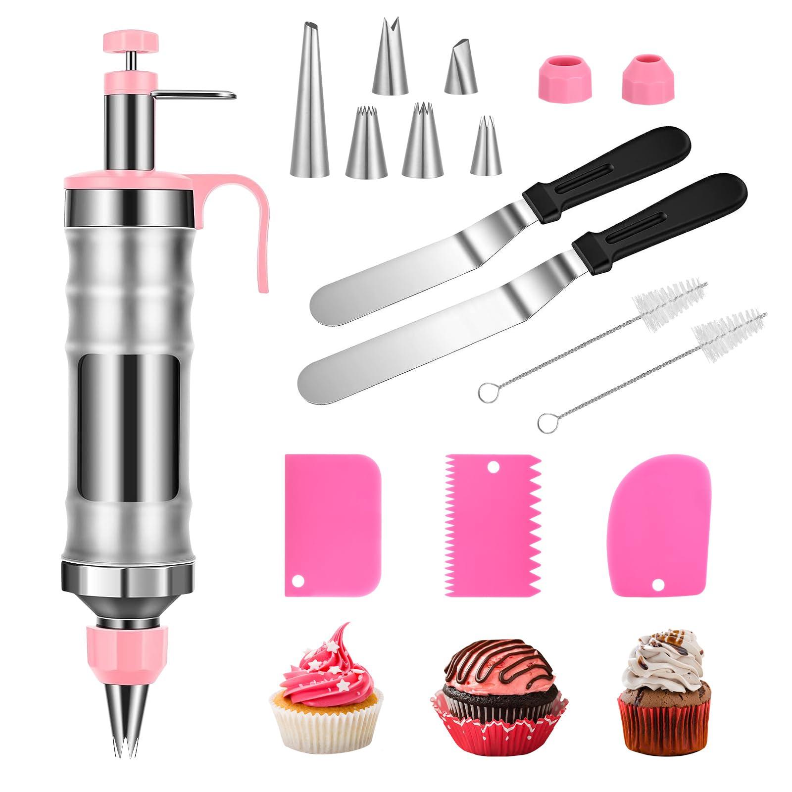 Icing Decoration Gun Set, Stainless Steel Dessert Decorating Syringe Set, Cupcake Frosting Filling Injector with 6 Icing Nozzles, 3 Cream Scraper, 2 Offset Spatula, 2 Nozzle Brush for Kitchen Baking - CookCave