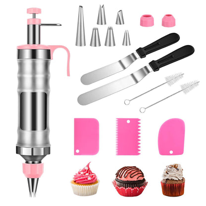 Icing Decoration Gun Set, Stainless Steel Dessert Decorating Syringe Set, Cupcake Frosting Filling Injector with 6 Icing Nozzles, 3 Cream Scraper, 2 Offset Spatula, 2 Nozzle Brush for Kitchen Baking - CookCave