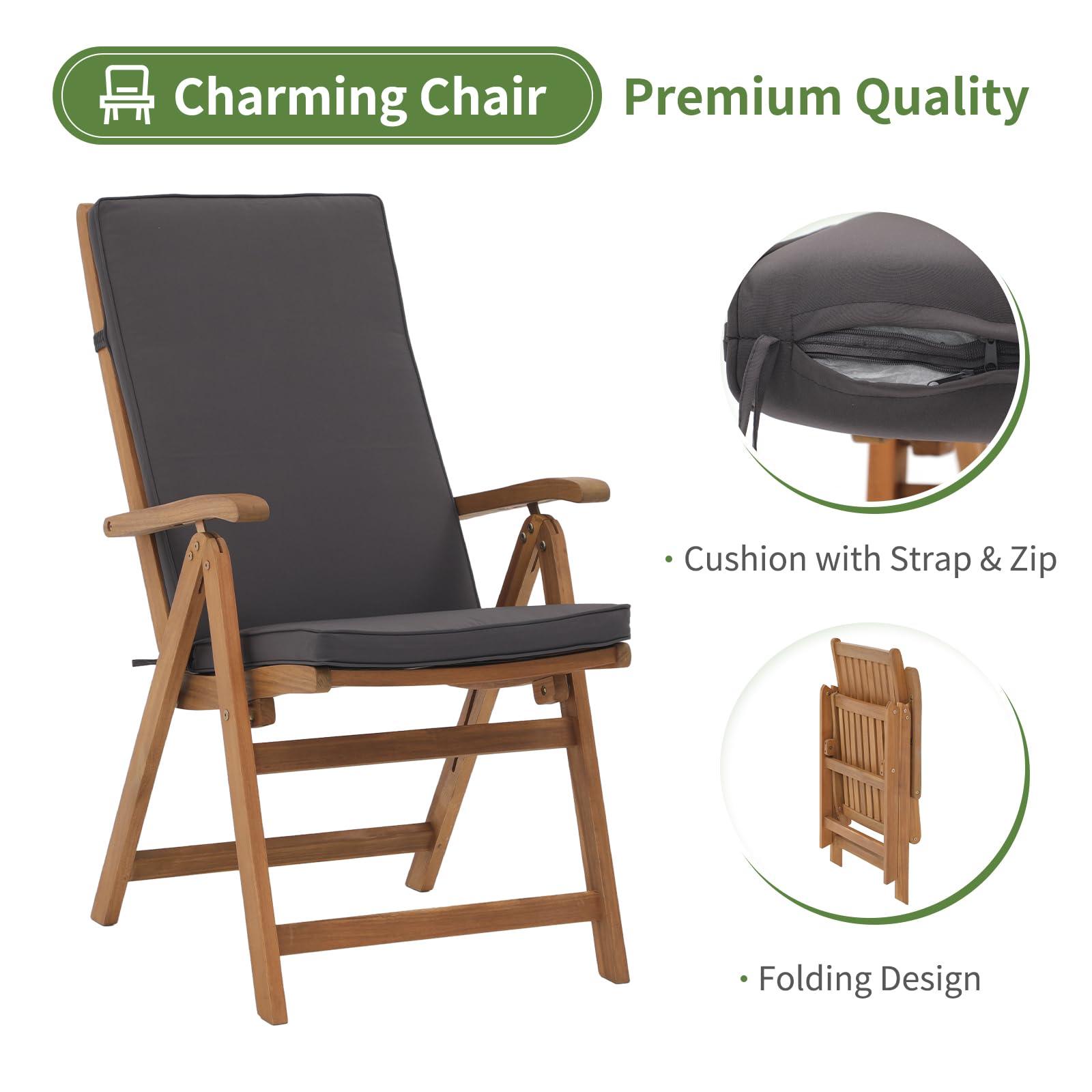 OC Orange-Casual Folding Patio Dining Chair Set of 2, Outdoor Acacia Wooden Reclining Chair w/Armrest & Removeable Cushion, FSC Certified Wood, for Porch, Backyard, Garden, Indoor, Dark Grey - CookCave