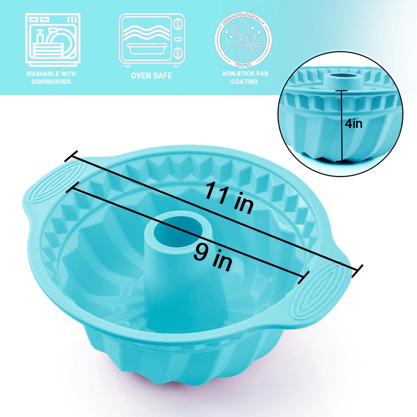 DRAONGYE 9.5 Inch Silicone Fluted Pans, Non-Stick Silicone Bundt Pan with Handle, Home Baking DIY Cake Mold for Cake, Chocolate, Jelly, Bread, Para Gelatinas (Blue, 1 Pack) - CookCave