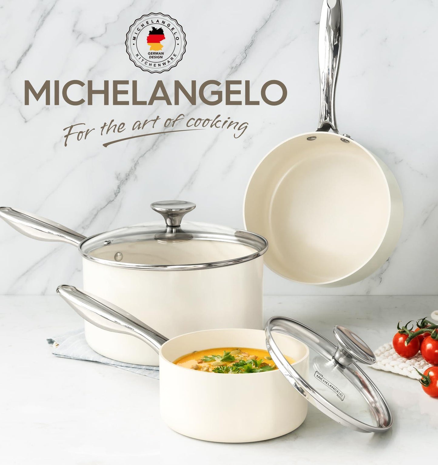 MICHELANGELO Sauce Pan Sets, Ceramic Saucepans with Lid, 1Qt & 2Qt & 3Qt Small Pots for Cooking, Nonstick Saucepan Set with Stainless Steel Handle, Oven Safe, White - CookCave