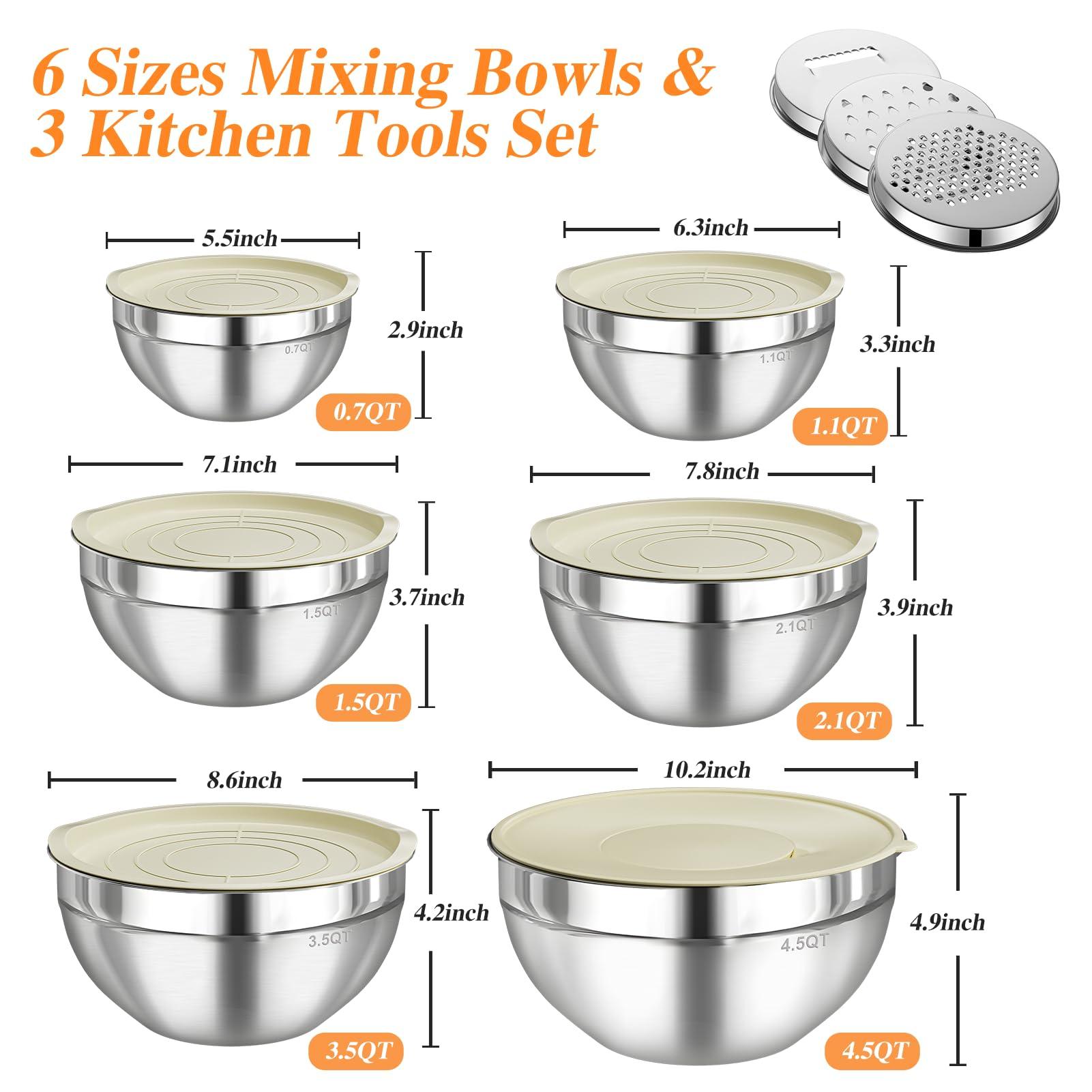 Winproper Mixing Bowls with Lids Set, 6 PCS Stainless Steel Mixing Bowls with 3 Grater Attachments, Kitchen Food Storage Organizers Nesting Mixing Bowl, Large Size 4.5, 3.5, 2.1, 1.5, 1.1, 0.7QT - CookCave
