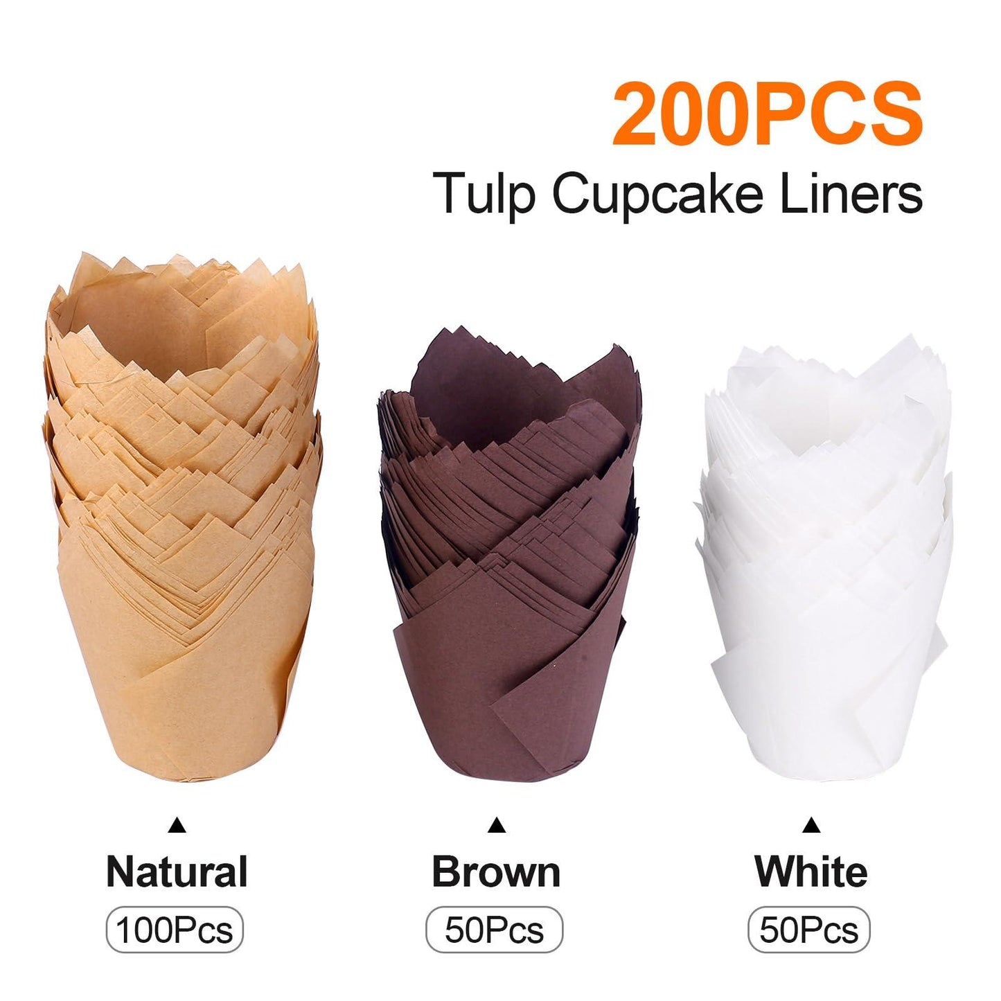 200PCS Tulip Cupcake Liners, Upgrade Parchment Paper Muffin Liners for Baking, Cupcake Wrapper for Party, Wedding, Birthday, Standard Size, Natural White Brown - CookCave
