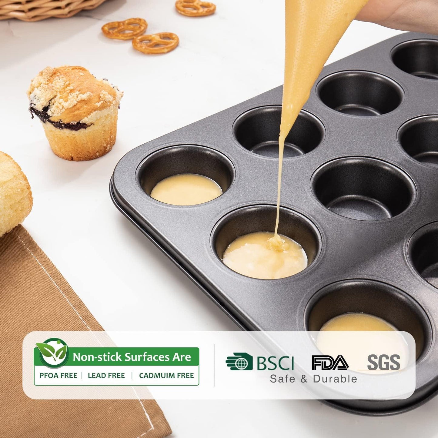 HONGBAKE Nonstick Muffin Pan 12 Cup and Mini Loaf Pans 8 Cavity, Cupcake Tin for Baking and Small Banana Bread Tray - Grey - CookCave