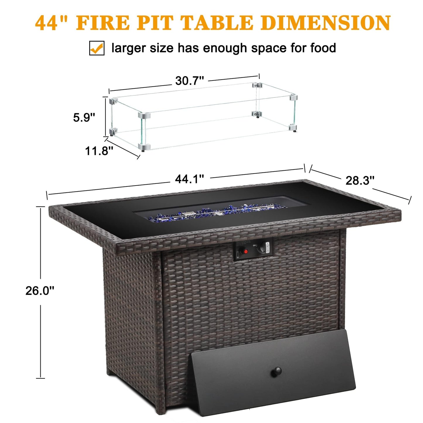 LayinSun 44" Propane Gas Fire Pit Table, 55000 BTU Rectangular Fire Pit with Glass Wind Guard for Outside Patio Deck Garden Backyard - CookCave