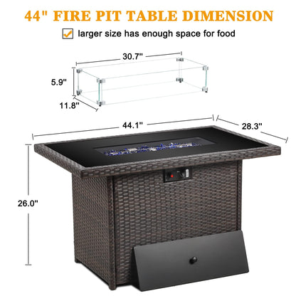 LayinSun 44" Propane Gas Fire Pit Table, 55000 BTU Rectangular Fire Pit with Glass Wind Guard for Outside Patio Deck Garden Backyard - CookCave