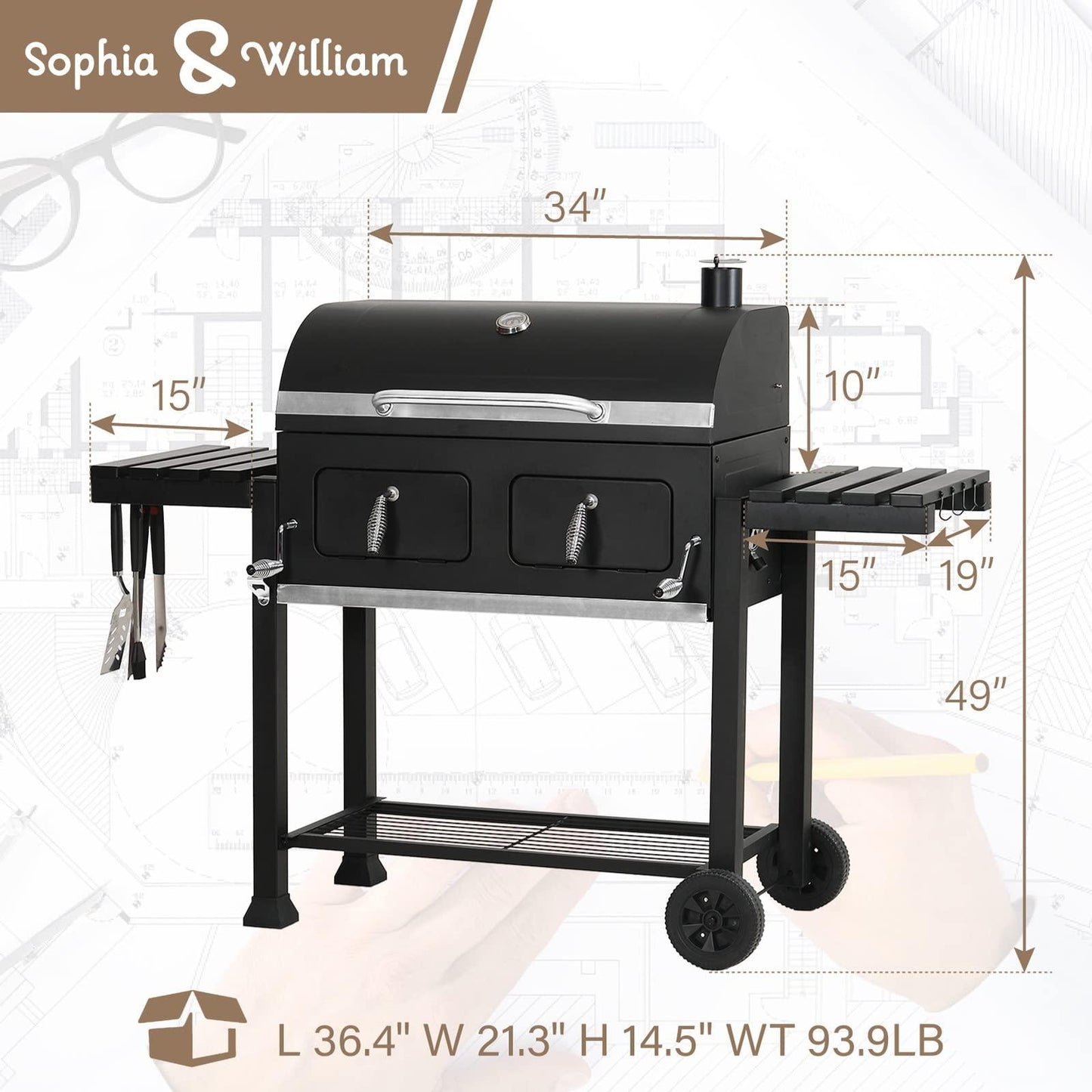 Sophia & William Extra Large Charcoal BBQ Grills with 794 SQ.IN. Cooking Area, Outdoor Barbecue Grill with Dual-Zone Individual & Adjustable Charcoal Tray and 2 Foldable Side Table, Black - CookCave