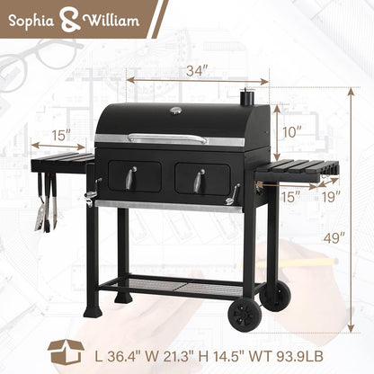 Sophia & William Extra Large Charcoal BBQ Grills with 794 SQ.IN. Cooking Area, Outdoor Barbecue Grill with Dual-Zone Individual & Adjustable Charcoal Tray and 2 Foldable Side Table, Black - CookCave