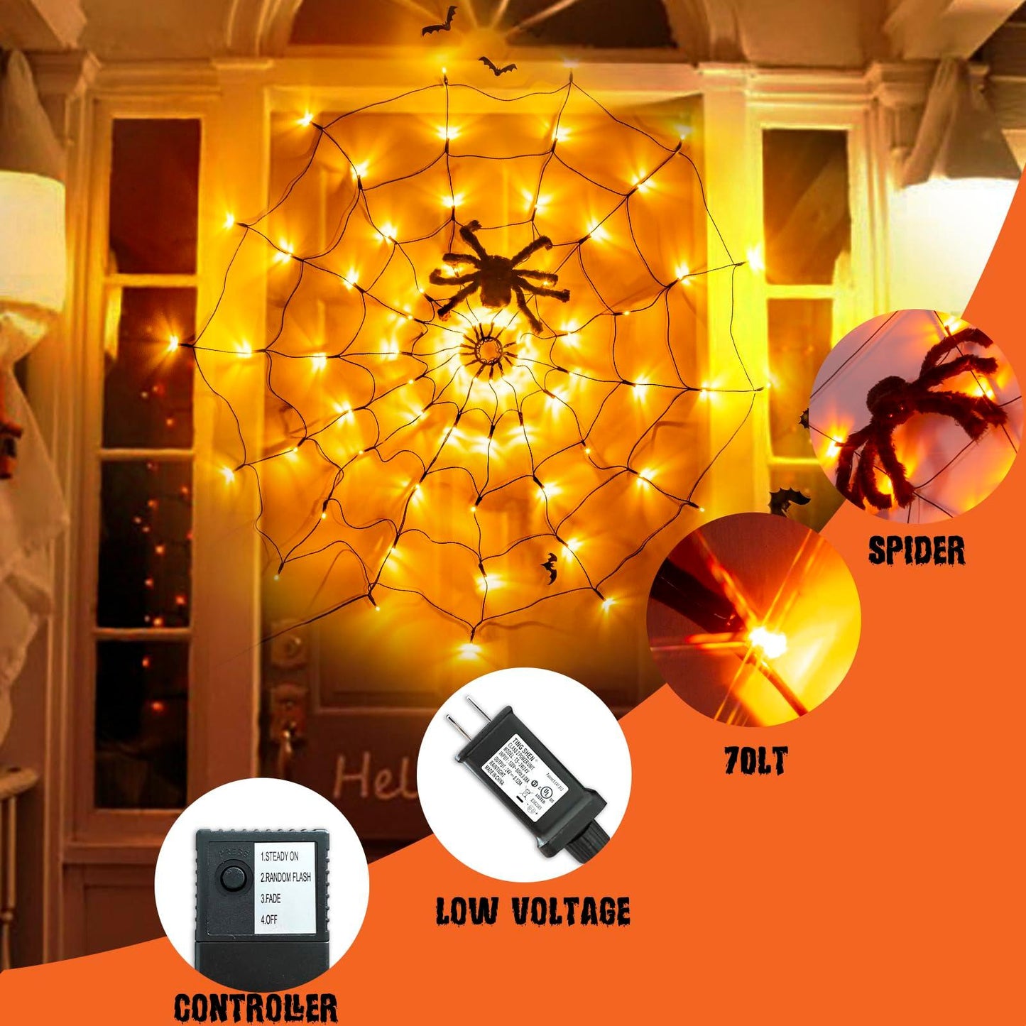 Vanthylit Halloween Spider Web Lights with Black Spider, 70 LED Waterproof Orange Light Up Spiderweb, Halloween Lights for Window Room Indoor Outdoor Decorations - CookCave