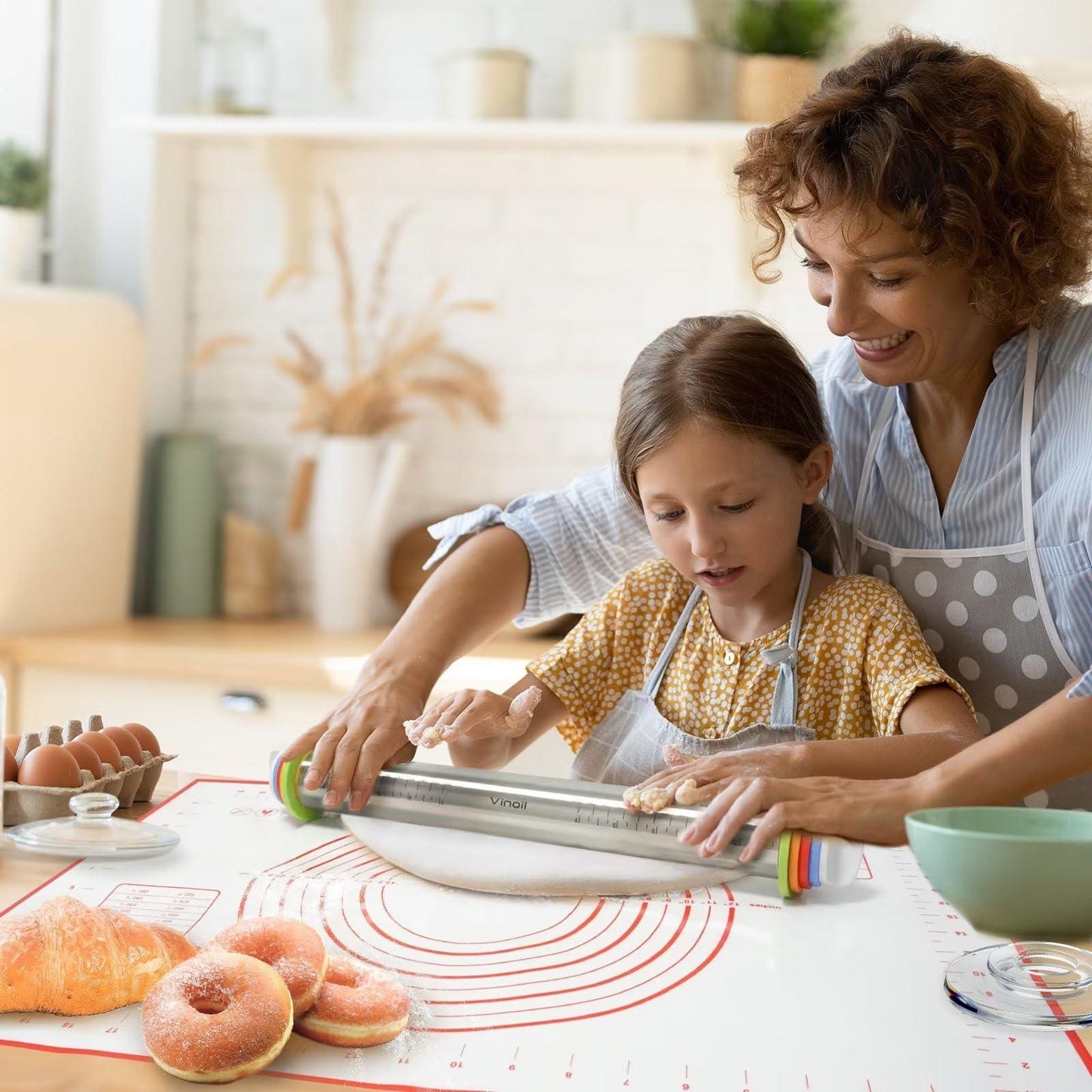 Stainless Steel Rolling Pin and Silicone Mat Set, Adjustable Thickness Rings - For Baking Dough, Pizza, Pies, Pastries, Pasta, Cookies - CookCave