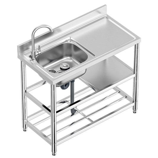 Free Standing Stainless-Steel Single Bowl Commercial Restaurant Kitchen Sink Set w/Faucet & Drainboard, Prep & Utility Washing Hand Basin w/Workbench & Double Storage Shelves Indoor Outdoor (39.5in) - CookCave