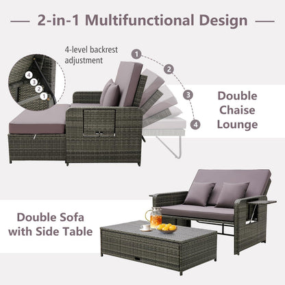 Tangkula Patio Rattan Daybed Set, Wicker Loveseat Sofa w/Multipurpose Ottoman & Retractable Side Tray, 4-Level Adjustable Backrest, Footstool w/Storage, Seat & Back Cushion Included (Gray) - CookCave