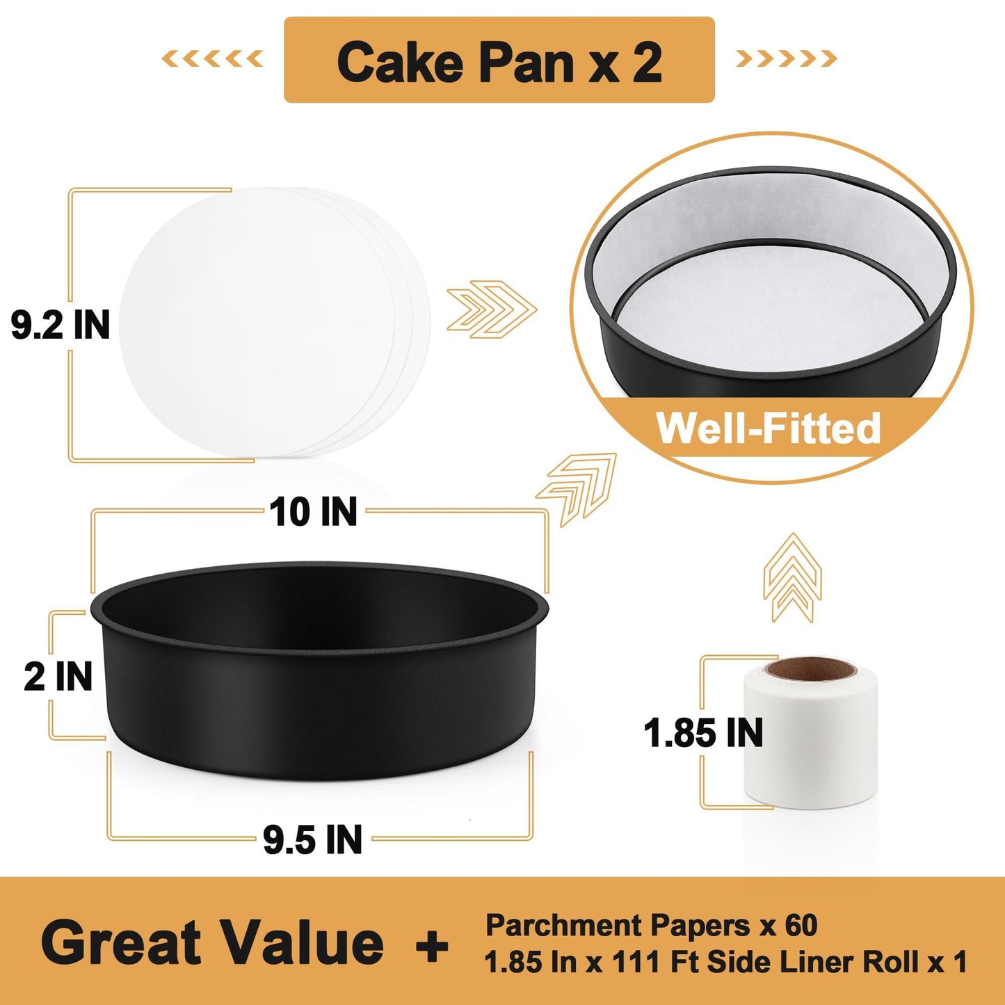 E-far 9.5 Inch Cake Pans Set of 2, Nonstick Stainless Steel Small Round Baking Pans with Parchment Paper & Side Liner Roll, Stainless Steel Core & Non-toxic Coating, Straight Side & 2 Inch Deep - CookCave