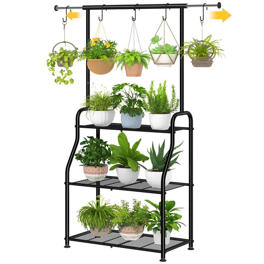 Simple Trending Plant Stand Indoor Outdoor, Heavy Duty Metal 3 Tiered Hanging Plant Shelf for Multiple Flower Planter Holder Tall Large Rack for Living Room Garden Balcony, Black - CookCave