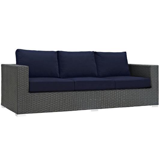 Modway Sojourn Wicker Rattan Outdoor Patio Sunbrella Fabric Sofa in Canvas Navy - CookCave