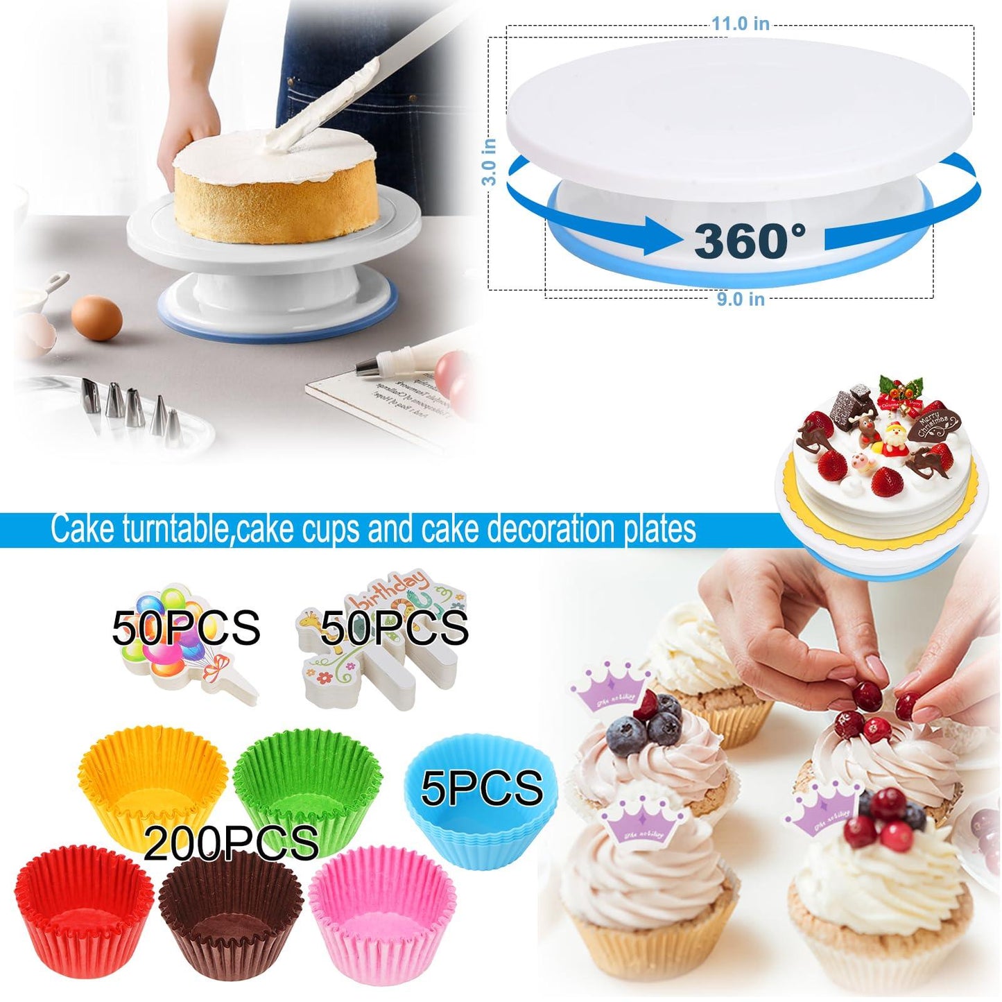 Cake Decorating Kit,637 Pcs Decorating Supplies With 3 Springform Pan Sets Icing Nozzles Rotating Turntable Cake Topper Piping Bags Paper Plates, Cake Baking Set Tools for Beginner and Professional - CookCave