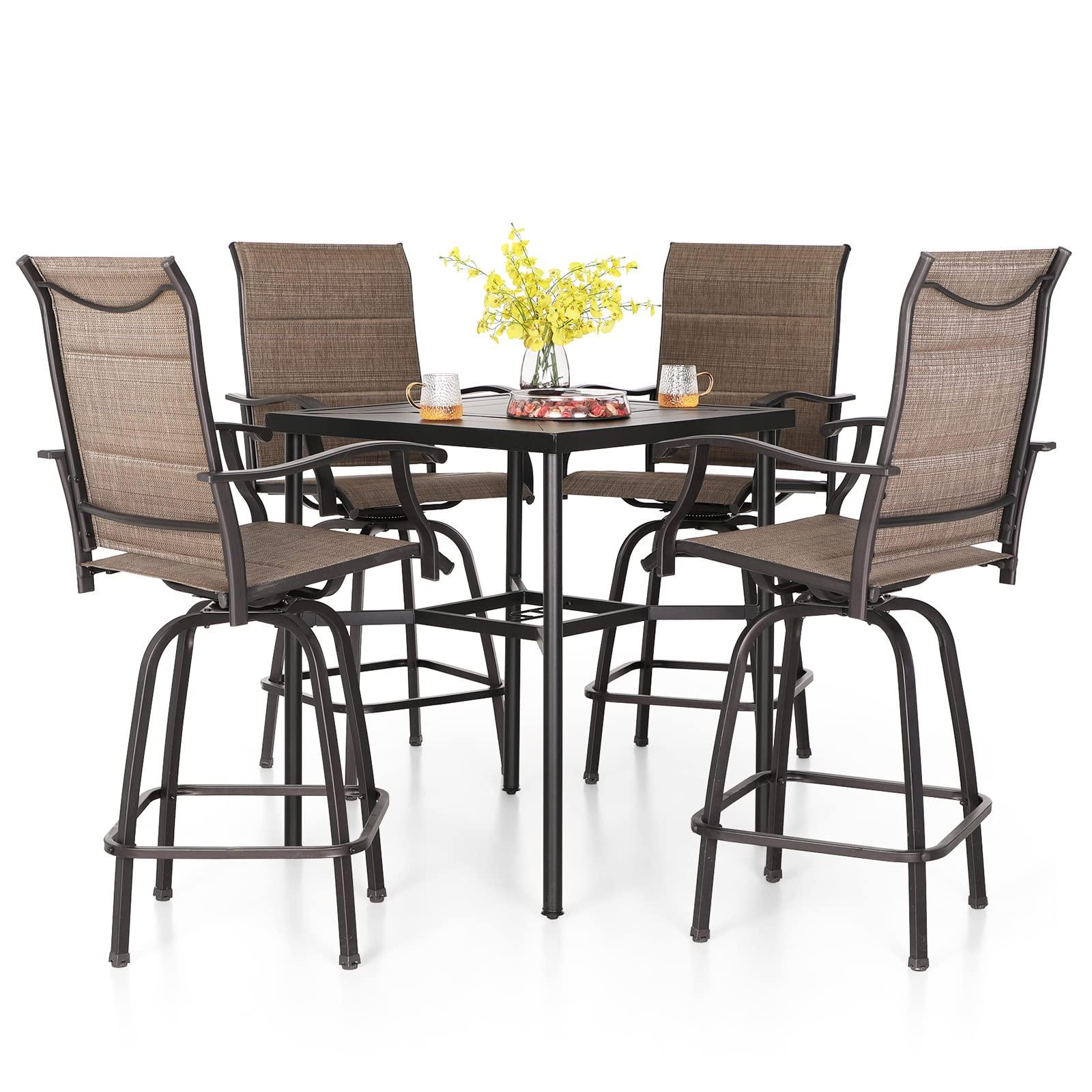 PHI VILLA 5 Piece Bar Height Patio Dining Set, Outdoor Table Chair Bar Set for 4 with Outdoor Swivel Bar Stool Chair and Large Metal Bar Table - CookCave