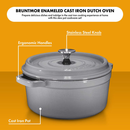 Bruntmor Pre-Seasoned 6.5 qt Enameled Cast Iron Round Dutch Oven, 6.5 Quart Dutch Oven Pot With Lid And Handle, Heavy Duty Casserole Dish, Hand Wash Only, Grey - CookCave
