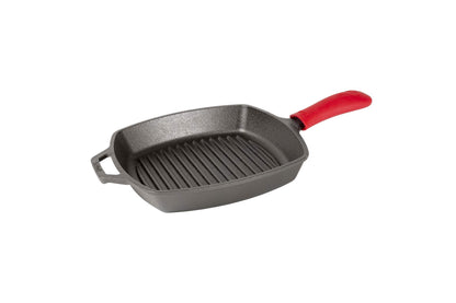 Lodge L8SGP3ASHH41B Cast Iron Square Grill Pan with Red Silicone Hot Handle Holder, Pre-Seasoned, 10.5-inch - CookCave