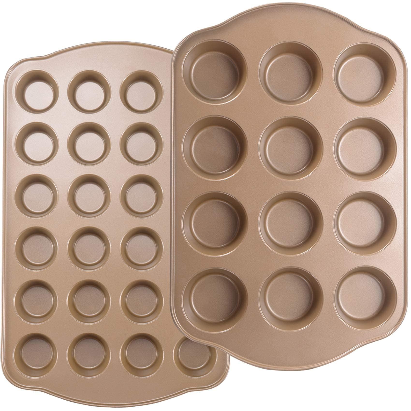 Joho Baking Nonstick Muffin Pan, Mini Cupcake Pan Set, Muffin Tins for Baking, 2 Pack, 12-Cup and 24-Cup, Gold - CookCave
