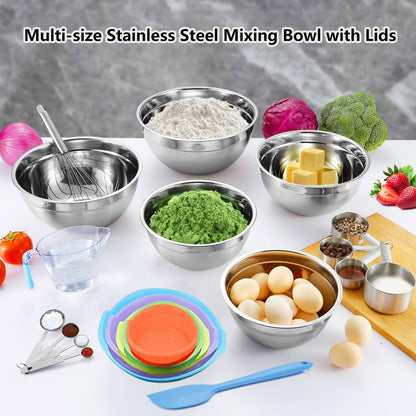 Mixing Bowls with Airtight Lids, 23PCS Large Stainless Steel Mixing Bowl Set & 400ML Measuring Cups & Baking Tools, Kitchen Utensils Metal Nesting Bowl 7/6/4.5/3.5/2.5QT for Prepping Cooking Serving - CookCave