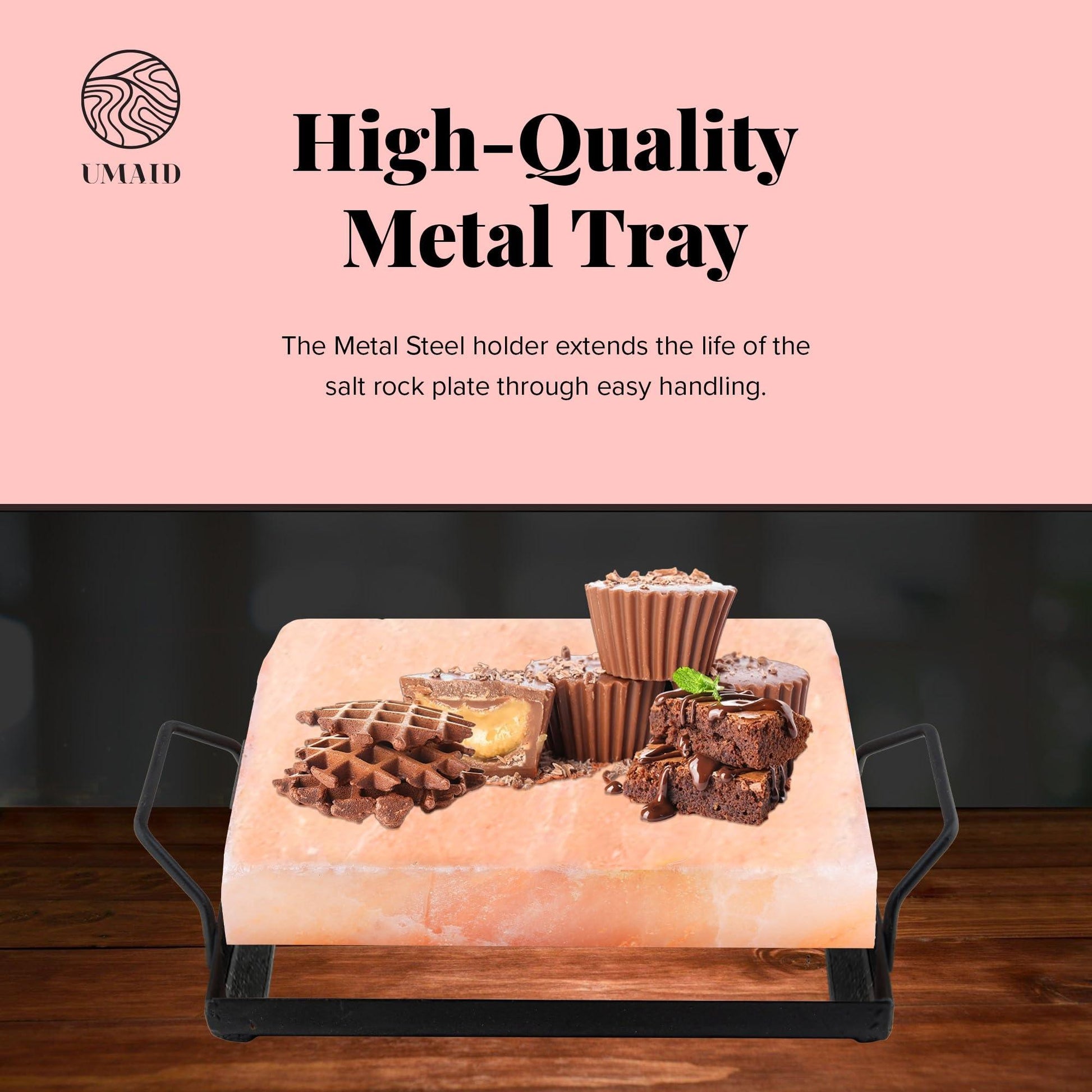 UMAID Himalayan Salt Block Cooking Plate 8x8x1.5 for Cooking, Grilling, Cutting and Serving, Food Grade Rock Salt Stone On Steel Tray with Recipe Pamphlet Unique Gifts for Men, Women, Dads & Cooks - CookCave