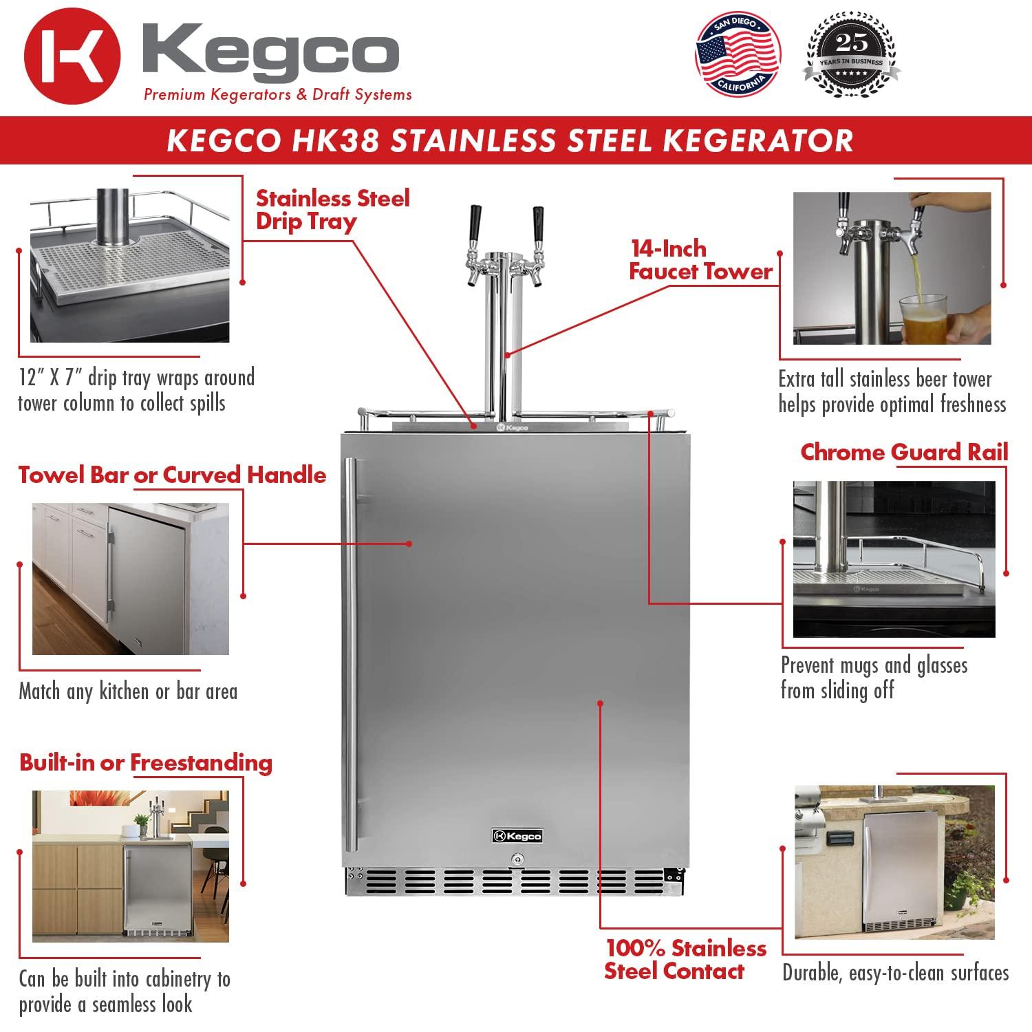 Kegco Kegerator 24" Wide Dual Tap Black/Stainless Steel Undercounter Beer Dispenser HK38BSU-2 - CookCave