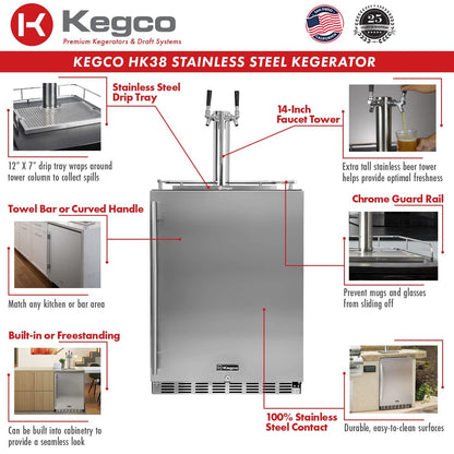 Kegco Kegerator 24" Wide Dual Tap Black/Stainless Steel Undercounter Beer Dispenser HK38BSU-2 - CookCave