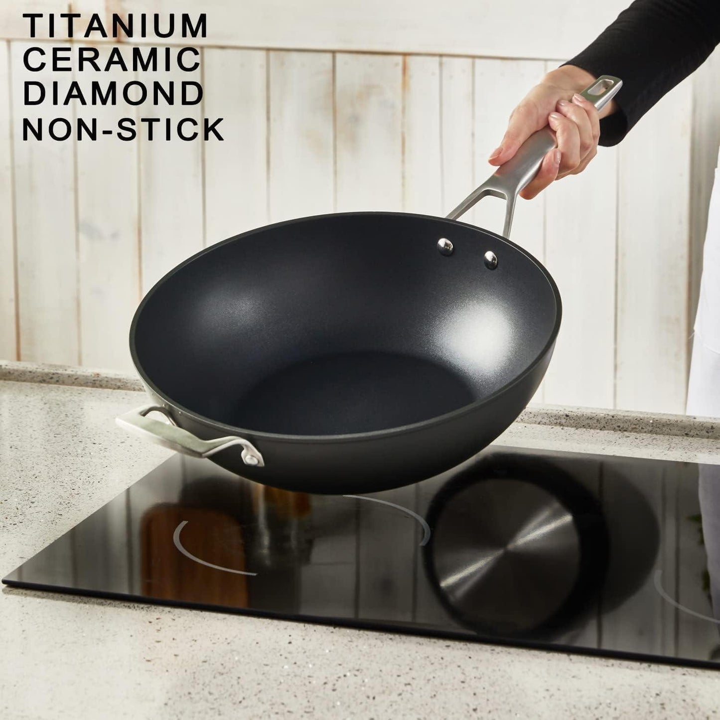 MsMk Titanium and Ceramic Nonstick Wok pan with lid，12 Inch Woks & Stir Fry Pans with Stay-Cool Handle，Flat Bottom Wok Suits for Induction, Electric, Gas, Halogen, All Stoves - CookCave