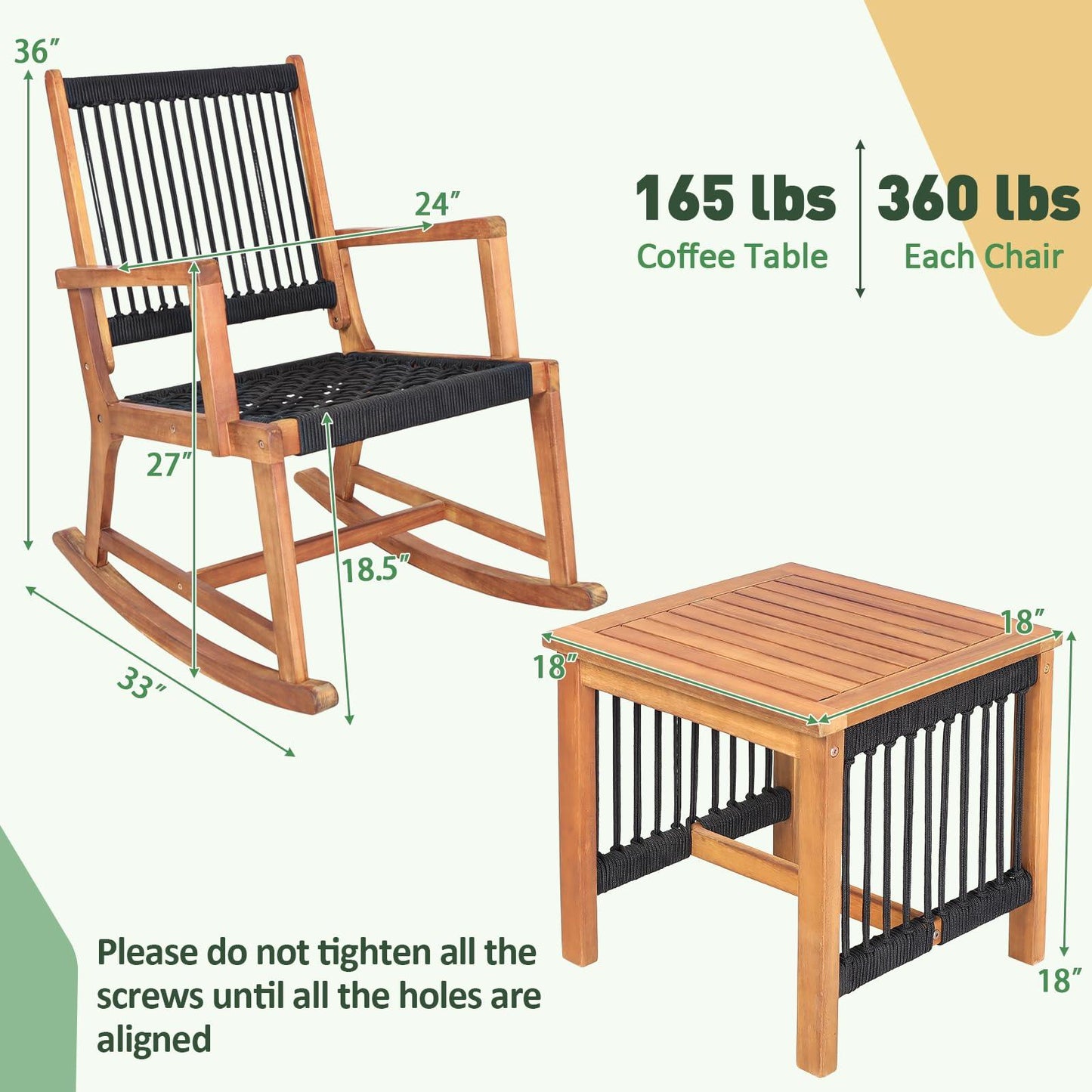 Tangkula 3 Pieces Acacia Wood Rocking Bistro Set, All-Weather Rope Woven Patio Furniture Set with Coffee Table, Outdoor Conversation Set for Front Porch, Deck, Balcony (Black & Natural) - CookCave