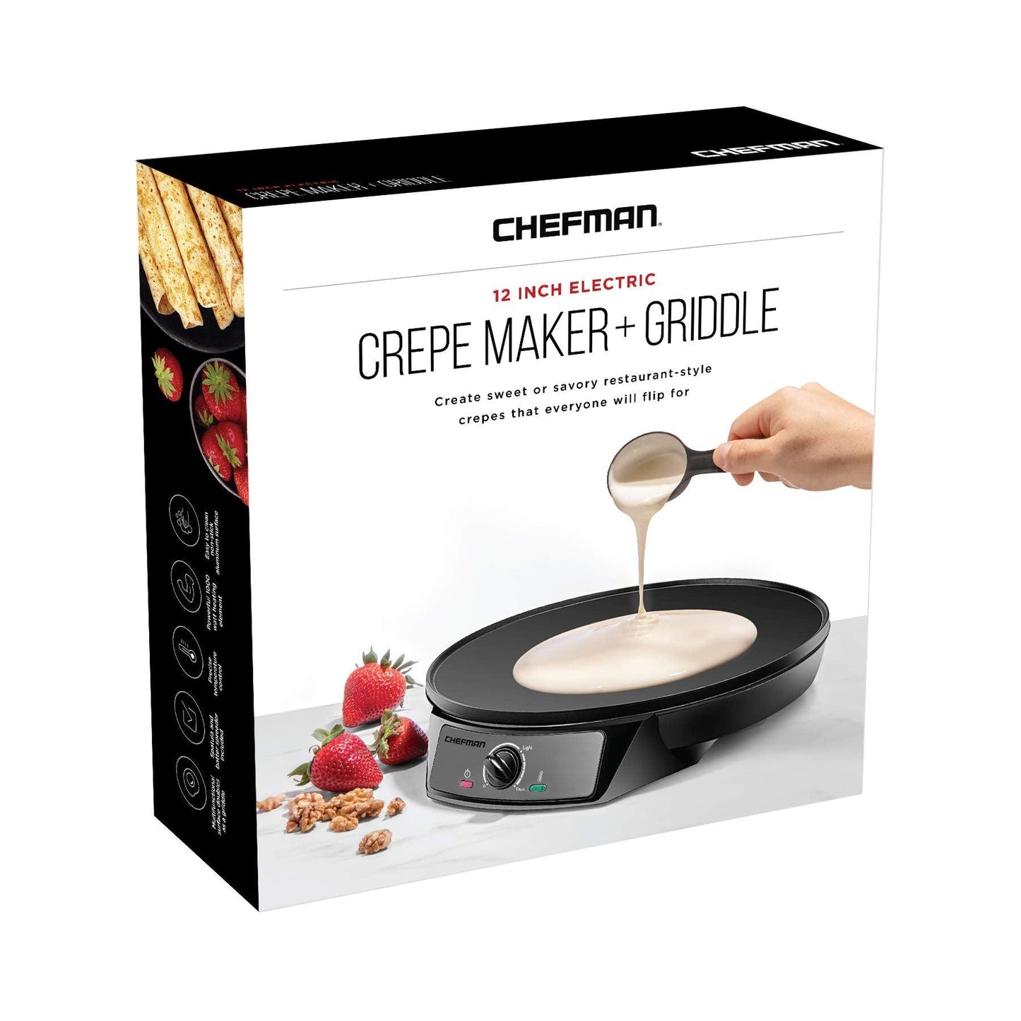 Chefman Electric Crepe Maker & Griddle, Precise Temperature Control Skillet for Perfect Brunch Blintzes, Pancakes, Eggs, Bacon, & Tortillas, 12" Nonstick Grill Pan, Includes Batter Spreader & Spatula - CookCave