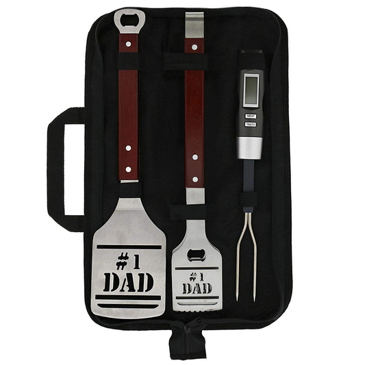Panoware BBQ Grill Tools Set Gift for Dad, 4 Piece Set, Number 1 Dad Tongs, Spatula, Digital Thermometer and Case - CookCave