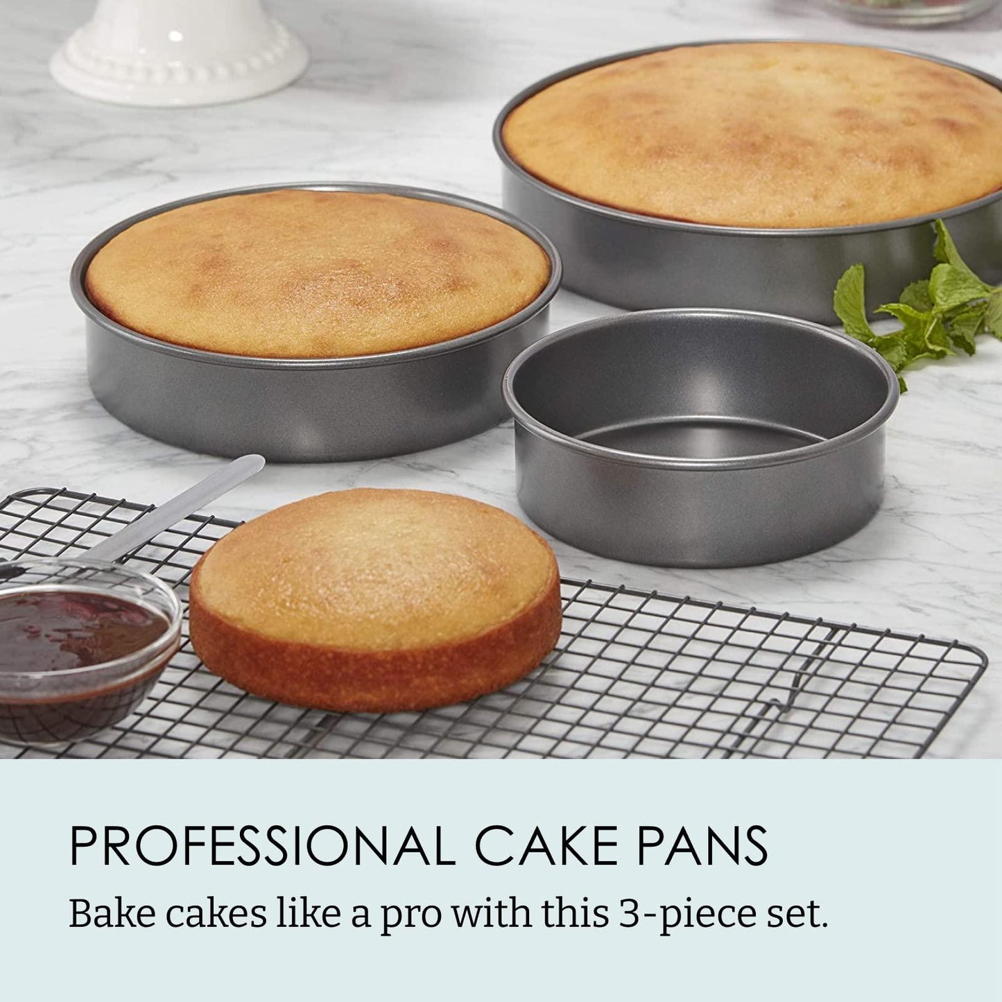 Chicago Metallic 5233128 Professional Non-Stick 3-Piece Round Cake Pan Bakeware Set, Gray - CookCave