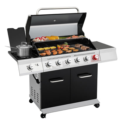 Royal Gourmet GA6402H 6-Burner Propane Gas Grill with Sear Burner and Side Burner, 74,000 BTU Cabinet Style Barbecue Grill for Outdoor BBQ Grilling and Backyard Cooking, Black - CookCave