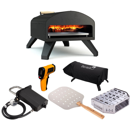 Bertello Outdoor Pizza Oven Bundle-Gas & Wood Simultaneously-Portable Brick Oven Portable Pizza Maker With Gas Burner, Peel, Wood Tray, Cover & Thermometer - As Featured on SHARK TANK - Easy to Use - CookCave
