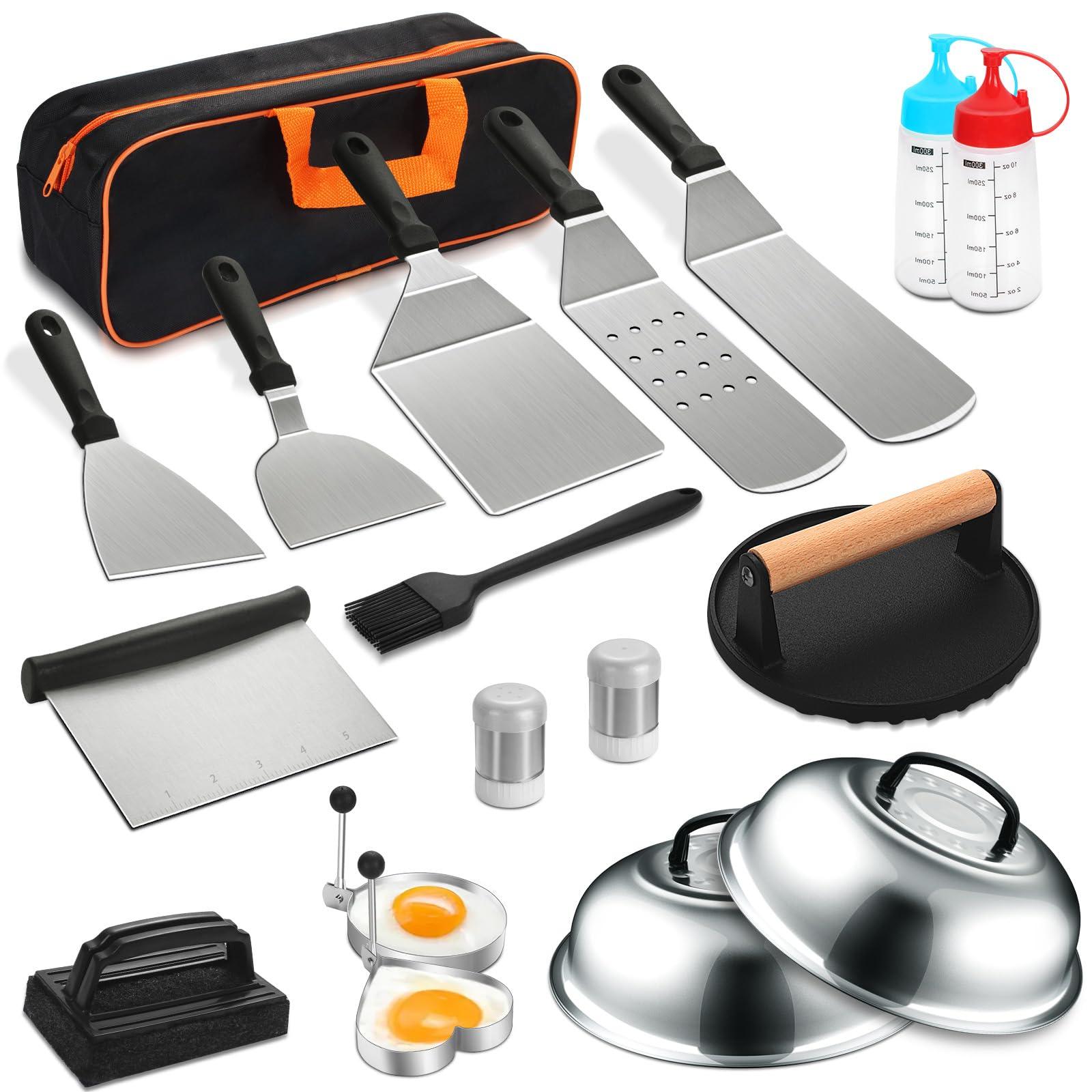 19PCS Griddle Accessories Kit, Stainless Steel Flat Top Grill Accessories Set for Blackstone and Camp Chef, Grill Spatula Set with Enlarged Spatulas, Basting Cover, Scraper for Outdoor Barbecue - CookCave