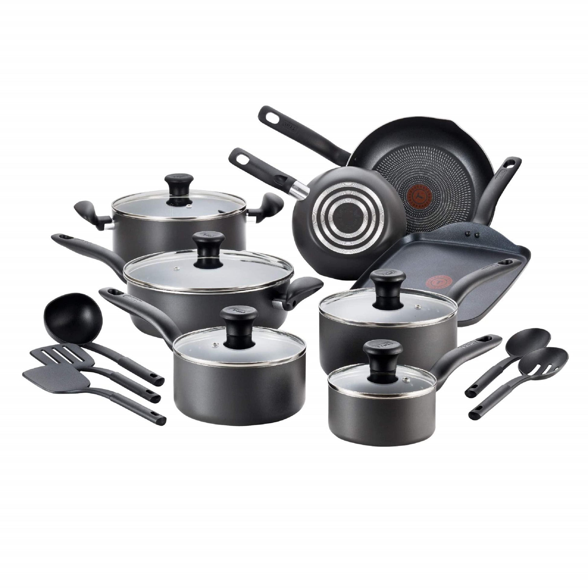 T-fal Initiatives Nonstick Cookware Set 18 Piece Oven Safe 350F Pots and Pans, Dishwasher Safe Black - CookCave